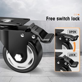 Casters, 4" Caster Wheels，Casters Set of 4 Heavy Duty - ASRINIEY Black Polyurethane Castors, Top Plate Swivel Wheels, 4-Pack Industrial Casters with Brake, Locking Casters for Furniture and Workbench