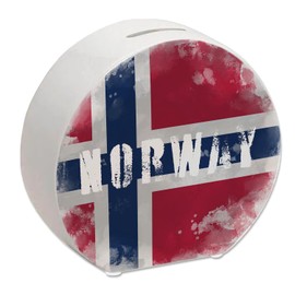 Money box with Norway flag in used look, piggy bank for holidaymakers, a beautiful money box decorated with the Norwegian national flag to save on the trip to Norway