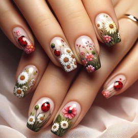 Spring Press on Nails Medium Coffin Fake Nails with Daisy Ladybug Designs Flowers False Nails Gloss Gel Glue on Nails Acrylic Nails Ballet Full Cover Stick on Nails for Coquette Women 24Pcs