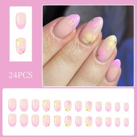 Almond Press on Nails Short Length Fake Nails Purple French Tip Acrylic Nails Press on Flower False Nails with Gold Glitter Designs Reusable Full Cover Glue on Nails for Women Girls 24PCS