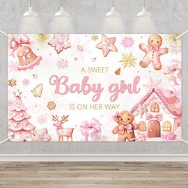 MEHOFOND Christmas Gingerbread Baby Shower Backdrop Banner, Winter A Sweet Baby Girl is On Her Way Party Supplies, Pink Cookie Xmas Snowflake Girls Baby Shower Decorations, Photo Props 70.8x43.3Inch