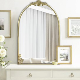 POZINO Gold Traditional Arched Mirror, Baroque Inspired Wall Mirror, Ornate Antique Mirrors, Vintage Carved Mantel Mirrors for Bathroom Bedroom Entryway, 24" x36