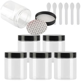 TIANZD Pack of 6 Small 250 ml Transparent Plastic Empty Cream Jar with Black Lid 250 g Empty Tin Screw Box Cosmetic Container Jar, 6 Pieces Spatulas