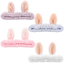 AOPRIE Rabbit SPA Headbands for Washing Face Makeup Headbands with Bow Hair Band Women Facial Head Band Wrist Towel Wraps For Shower Face Mask Blue Pink White Purple, 4 Pack