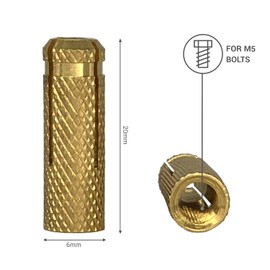 Marcopol Pack of 100 Brass Drops in Dowels M5 x 20 mm, Expansion Bolt Sleeve, Concrete, Masonry, Brick Anchor, Expansion Dowels (100, M5 x 20 mm), Yellow