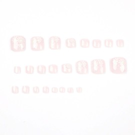Flower Press on Toenails Nude Pink Fake Toenails Square False Toe nails with Daisy Design Glossy Acrylic Kit Full Cover Glue on Toenail Artificial Stick on Toe Nail for Women 24Pcs