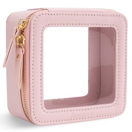 Bolsa de maquillaje transparente con cierre y asa, bolsa de transporte portátil transparente para artículos de aseo de viaje para mujeres y hombres, Rosado, Mini, Estuche de maquillaje de forma
