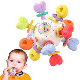 Sonajero Montessori para bebé y juguetes para dentición - Seguro, multifuncional, libre de BPA, silicona sensorial para aprendizaje, mordedor para bebés de 0 a 12 meses, alivio para la dentición y