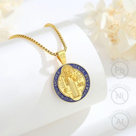 EUDORA Harmony Ball Halskette mit Medaille des Heiligen Benedikt St. Benedikt aus 18K vergoldetem Sterlingsilber für Frauen und Männer, Anhänger Heiliger Benedikt Amulett Geschenk Christlicher