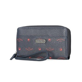 Nautica On The Double Zip Around Vegan Leather Womens RFID Clutch Wallet With Wristlet Strap (Indigo/Red)