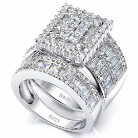 Pophylis Platinum Over Sterling Silver Big Womens Bridal Rings Set Bling Princess Cut Cubic Zirconia Size8.5# (S925 Large Version)