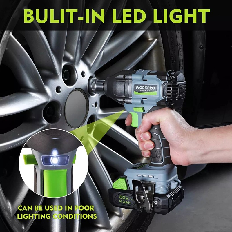 WORKPRO 1/2'' Cordless Impact Wrench Brushless 20V 1 Hour Fast