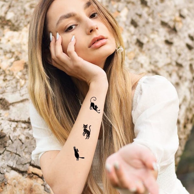 12 Sheets Black Cat Temporary Tattoos, Minimalist Black & White