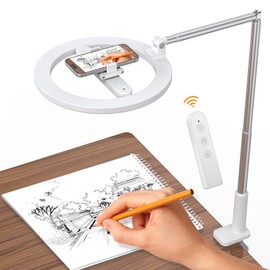 10'' Magic Arm Ring Light with Desk Clamp & Built-in Battery, Overhead Phone Mount Fill Light and Phone Holder Circle Desktop Articulating Arm for Video Recording, Zoom Meeting, Tiktok, YouTube Vlog