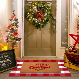 Christmas Red and White Plaid Rug - 28 x 43 Inches Outdoor Front Door Decor Mat Cotton Washable Hand-Woven Rug Christmas New Year Holiday Porch Entryway Layered Doormat