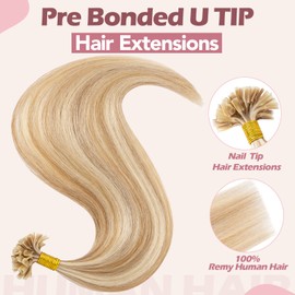 S-noilite Keratin Human Hair Extensions, 50 Strands, 50g, Pre-Bonded U Tip Nail Hair Extensions, 100% Remy Human Hair (35 cm, #12P613 Brown Gold Mixed to Blonde)