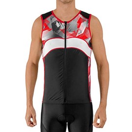 SLS3 Mens Triathlon Top - Triathlon Shirt Mens - Tri Jerseys - Tri Top Men - Men's Tri Top - Sleeveless Bike Jersey (Black/Red Geo, L)