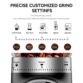 Coffee Grinder Electric with Precision Timer, Adjustable Burr Mill with 31 Precise Settings, Coffee Been Grinder for Home Use, for Espresso and Turkish Coffee, Drip and French Press, Black