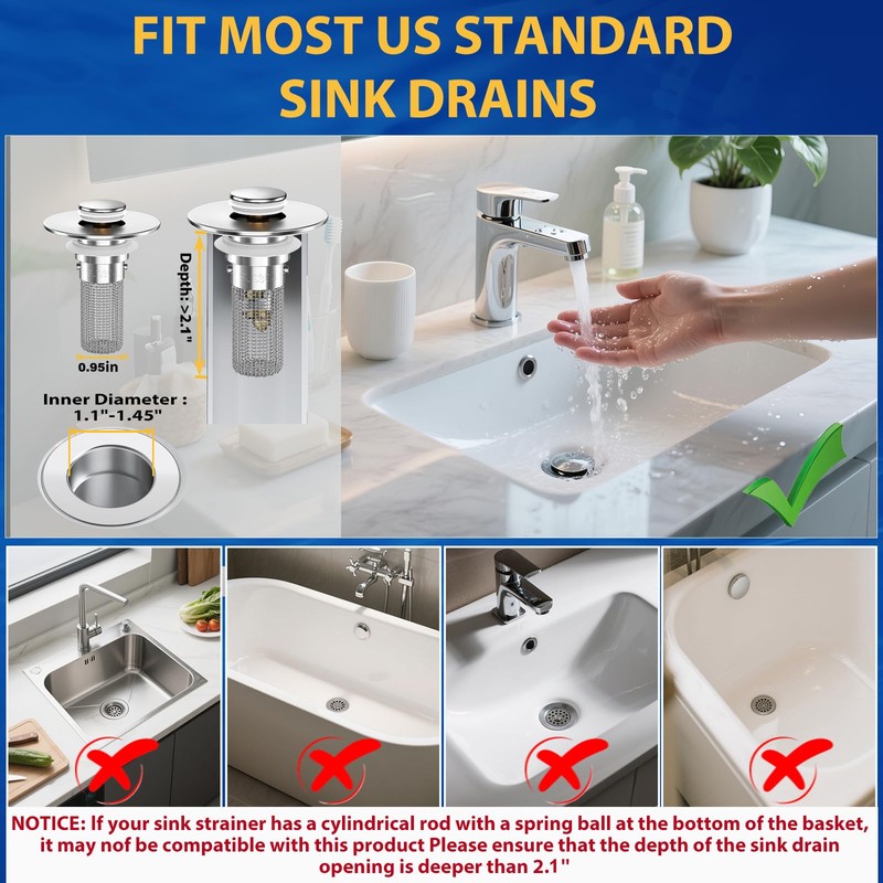 2PCS Bathroom Sink Stopper Strainer, Pop-Up Bathroom Sink Drain Strainer