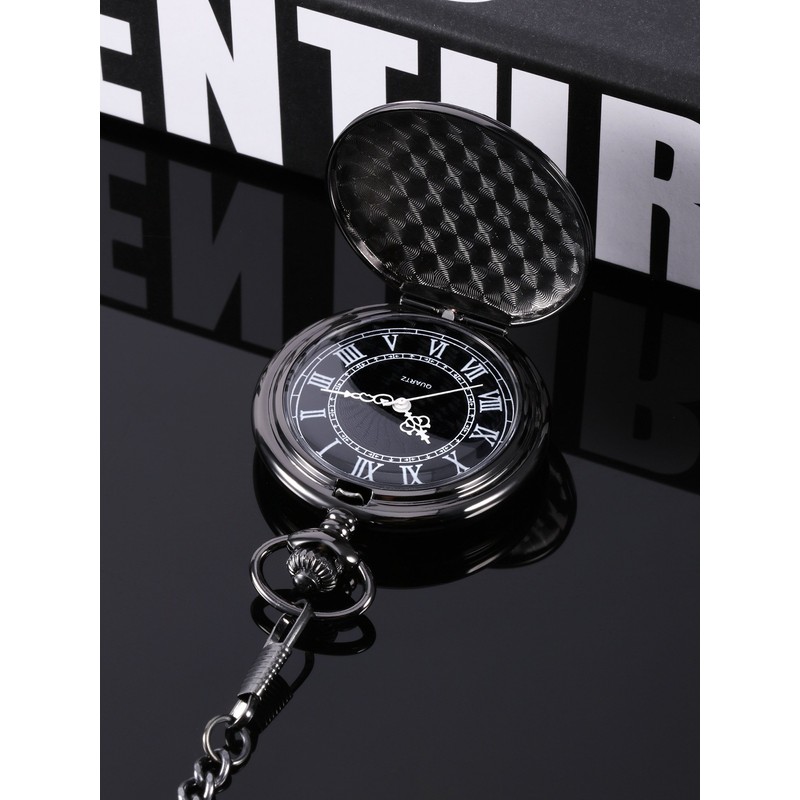 Quartz Pocket Watch for Men with Black Dial and Chain