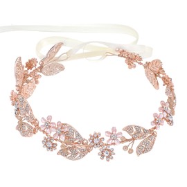 AMMEI HEADPIECE Rose Gold Wedding Headband Flower Leaves Design Hair Vine Bridal Headpiece Wedding Hair Accessories (Rose Gold)