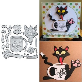 Coffee Cup Cat Metal Die Cuts, Cat Stitched Metal Cutting Dies Cut Stencils Card Paper Craft DIY Template Metal Cutting Dies Album Embossing Paper Dies for Card Making Scrapbooking