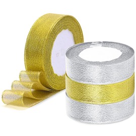 Ribbon Metallic Glitter Ribbons Christmas Tree Ribbon,4 Roll Silk Ribbon for Gift Wrapping Ribbon for Christmas Tree Christmas Ribbon for Gift Wrapping Gold Ribbon,1 inch 25 Yards/Roll (Silver Gold)