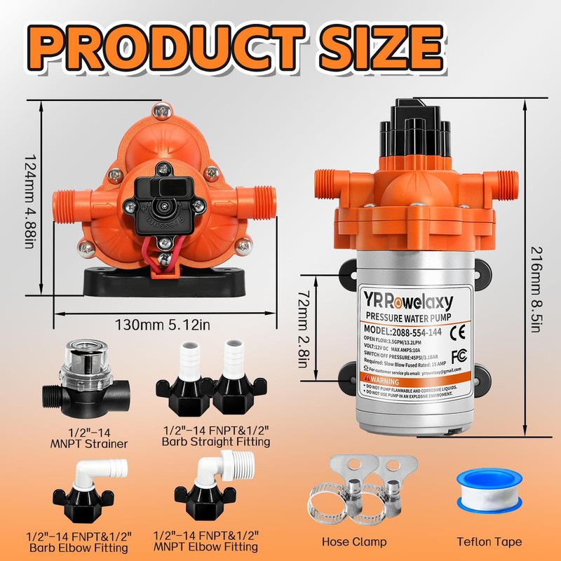 RV Water Pump 12V Quiet, 3.5GPM 45PSI Self-Priming RV Water