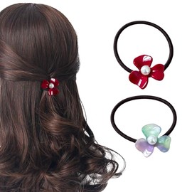 Flower Pearl Hair Scrunchies for Women Red Elastic Hair Ties Flower Thin Hair Ties Floral Ponytail Holder Spring Summer Hair Accessories Hair Bands 2Pcs
