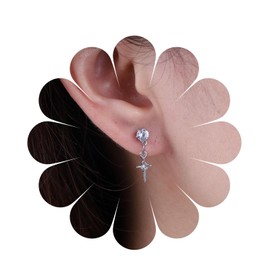 Yienate Punk Cross Star Dangle Earrings Vintage Silver Hanging Rhinestone North Star Earrings Minimalist Cross Star Dangle Huggie Small Hoop Earrings Jewellery for Women and Girls, Zinc, No Gemstone