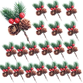 Pack of 20 Fir Branches with Red Berries and Pine Cones, Christmas Decoration for Crafts Branches with Christmas Berries for Advent Wreath Table Decoration DIY Wall Door Decoration