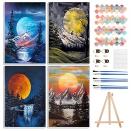 4 Pack Paint by Numbers Kits for Adults Beginners Framed Canvas, Adult Paint by Number Kit with Easel, Moon Mountain Landscapes Painting by Numbers for Beginners, Arts and Crafts for Decor 8x12inch