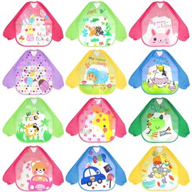 12 Pack Toddler Art Smock, Small Waterproof Bib, Kids Painting Aprons, Children Apron Long Sleeve Washable Bib for Eating 1-4 Years,Classroom Arts and Crafts