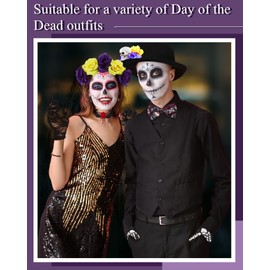 Liitrsh 6 Pcs 2025 Day of The Dead Costume Set Dia De Los Muertos Skeleton Lace Gloves Mexican Headband with Veil Choker(Purple Yellow)