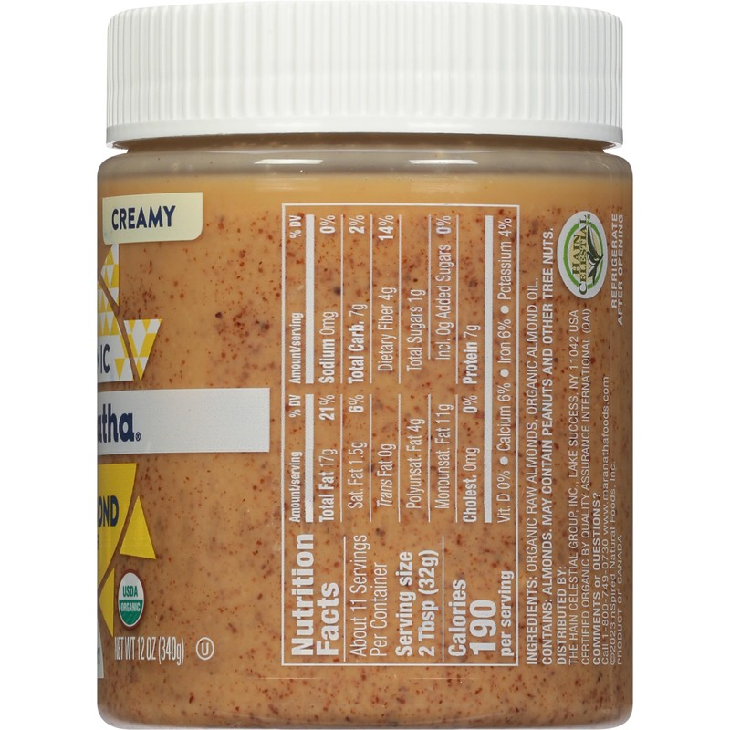 MaraNatha Organic Creamy Raw Almond Butter, 12 Ounce Jar