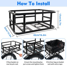 Rear Bike Basket, Large Bicycle Rear Basket with Liner, Cargo Net and Waterproof Cover, Bike Baskets Rear Bike Back Baskets Bicycle Baskets (16.6 * 12.6 * 6.7")