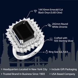 Gem Stone King 5.60 Cttw Black Onyx Ring For Women | 925 Sterling Silver | Emerald Cut 14X10MM | Gemstone Birthstone | Available In Size 5, 6, 7, 8, 9