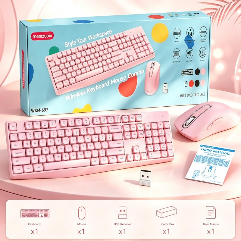 Wireless Keyboard and Mouse Combo, 2.4G Full Size Ergonomic Keyboard