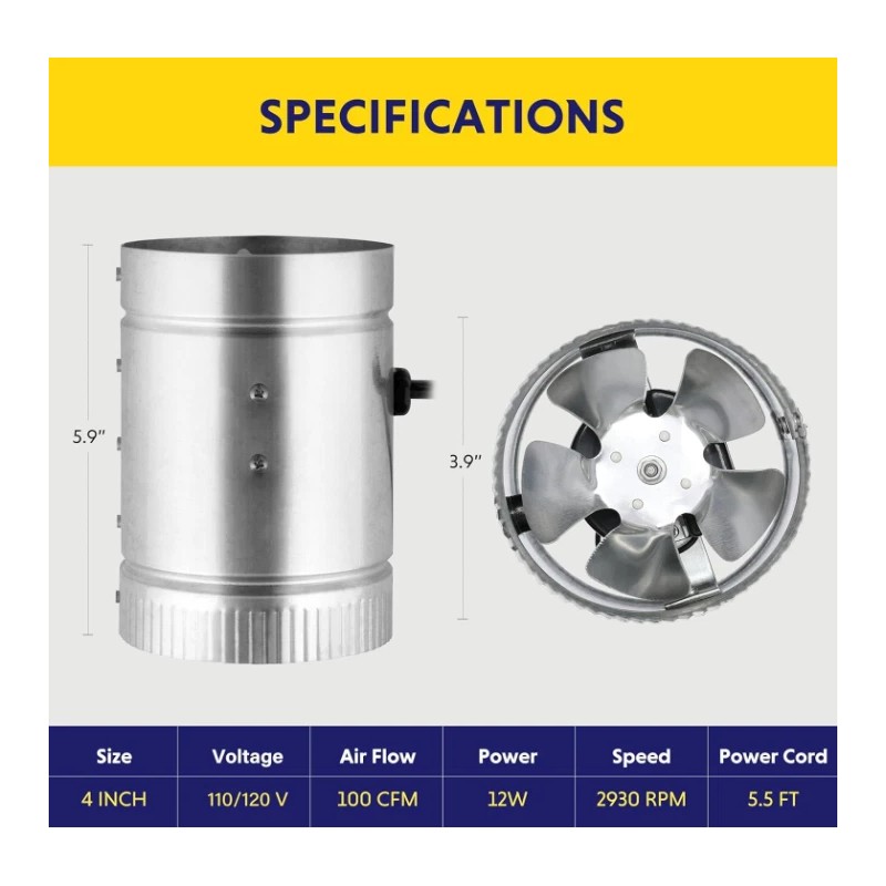 iPower 4” Inline Duct Fan – 100 CFM, Exhaust Booster