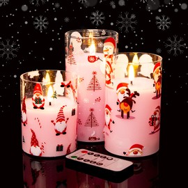 Eywamage Pink Christmas Glass Flameless Candles with Remote, Flickering Snowman Santa Gnomes LED Pillar Candles Set of 3