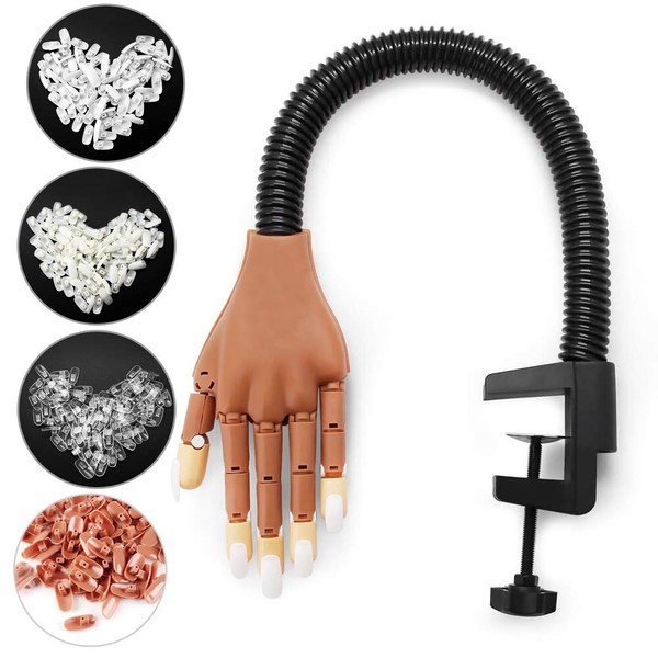 Practice Hand for Manicures for False Nail Art, Hands and Fingers, Flexible + 400 Pieces Replaceable Nail Tips (Brown)