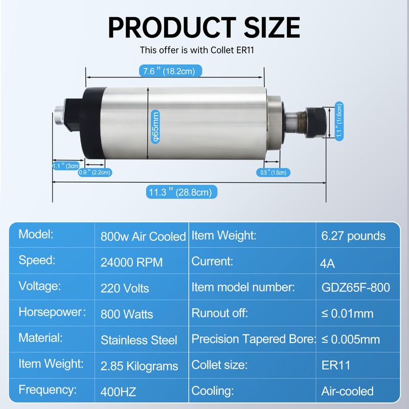 RATTMMOTOR 800W ER11 Air Cooled Spindle Motor 220VAC 24000RP 65mm