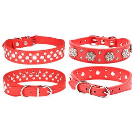 HALFSUMO 2 Pcs Leather Dog Collar Rhinestones Dog Cat Collar Bling Diamond with Rhinestone Blossoms Decoration Pet Dog Cat Puppy Collar Red XS