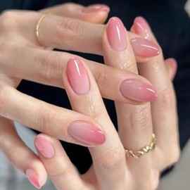 Uñas postizas de gel ovaladas cortas en nude rosa, uñas acrílicas redondas, uñas postizas de gel, uñas cortas en almendra, uñas postizas de color puro