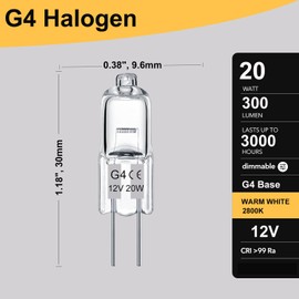 Nioclerce 20-Watt 12V JC G4 Base Halogen Lamp 20W Bi-Pin Light Bulbs - 10PCS Long Lasting G4 Bulb 12V 20W 2800K Warm White, G4 Dimmable, T3 G4 Halogen Bulb for Under Cabinet Puck Light,Chandelier