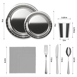 Exquisite 350 Pcs Silver Paper Plates For Party, Silver Disposable Plates Set, 50 Of Each 9" Dinner Plate Set, 7" Dessert Plate, Cups, Napkins & Cutlery Paper Dinnerware