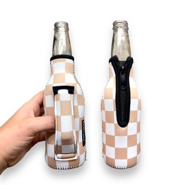 12 oz Beer Bottle Handler - Neoprene Bottle Sleeve with Pocket Handle - Insulated Beer Sleeves, Tan Checkerboard