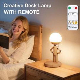 GZAODMCP Robot LED Table Lamp, Wooden Cordless DIY Desk Lamps, Creative Bedside Lamp with Adjustable Arm, Rechargeable Unique Lights for Bedroom Living Room Office