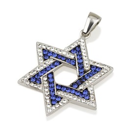 Star of David Pendant with Blue and White Gemstones + Sterling Silver Necklace #5, Sterling Silver, Crystal