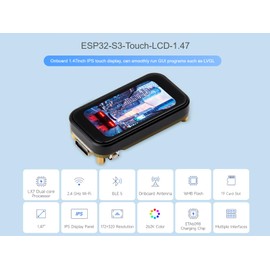 ESP32-S3 Development Board with 1.47inch Touch LCD Display, 172×320 Pixels 262K Color IPS Touch Screen, Support 2.4GHz WiFi & Bluetooth 5, Dual-core Processor up to 240MHz Frequency